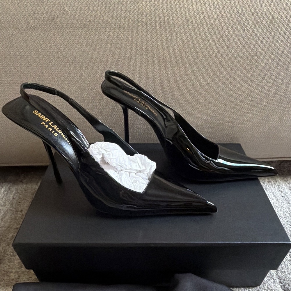 Saint Laurent Black Patent Leather Logo Slingback Pointed Toe Stiletto 8.5 - Picture 2 of 6
